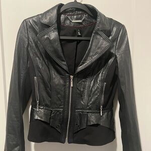 White House Black Market Leather Ponte Black Peplum Jacket Scallop Hem Zip XS